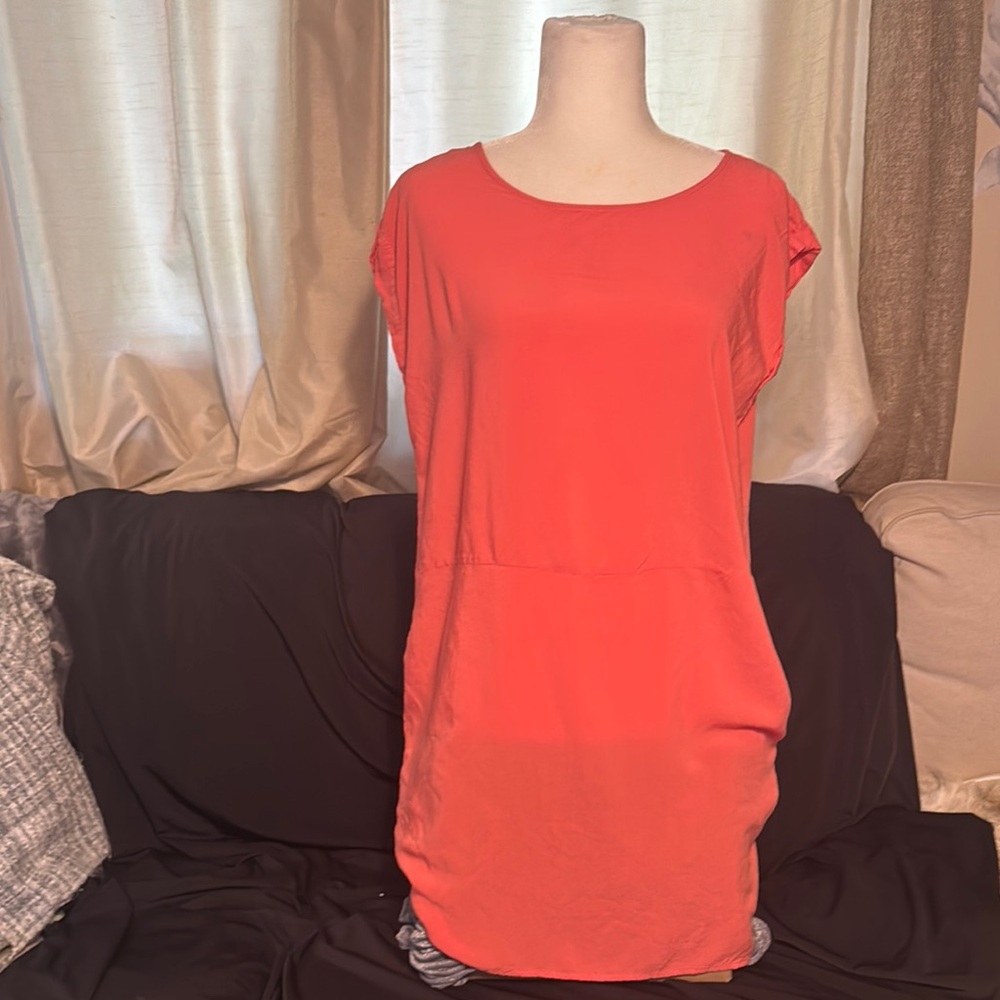Bright Coral Short Sleeve Crew Neck Sheath Dress / Swim Coverup